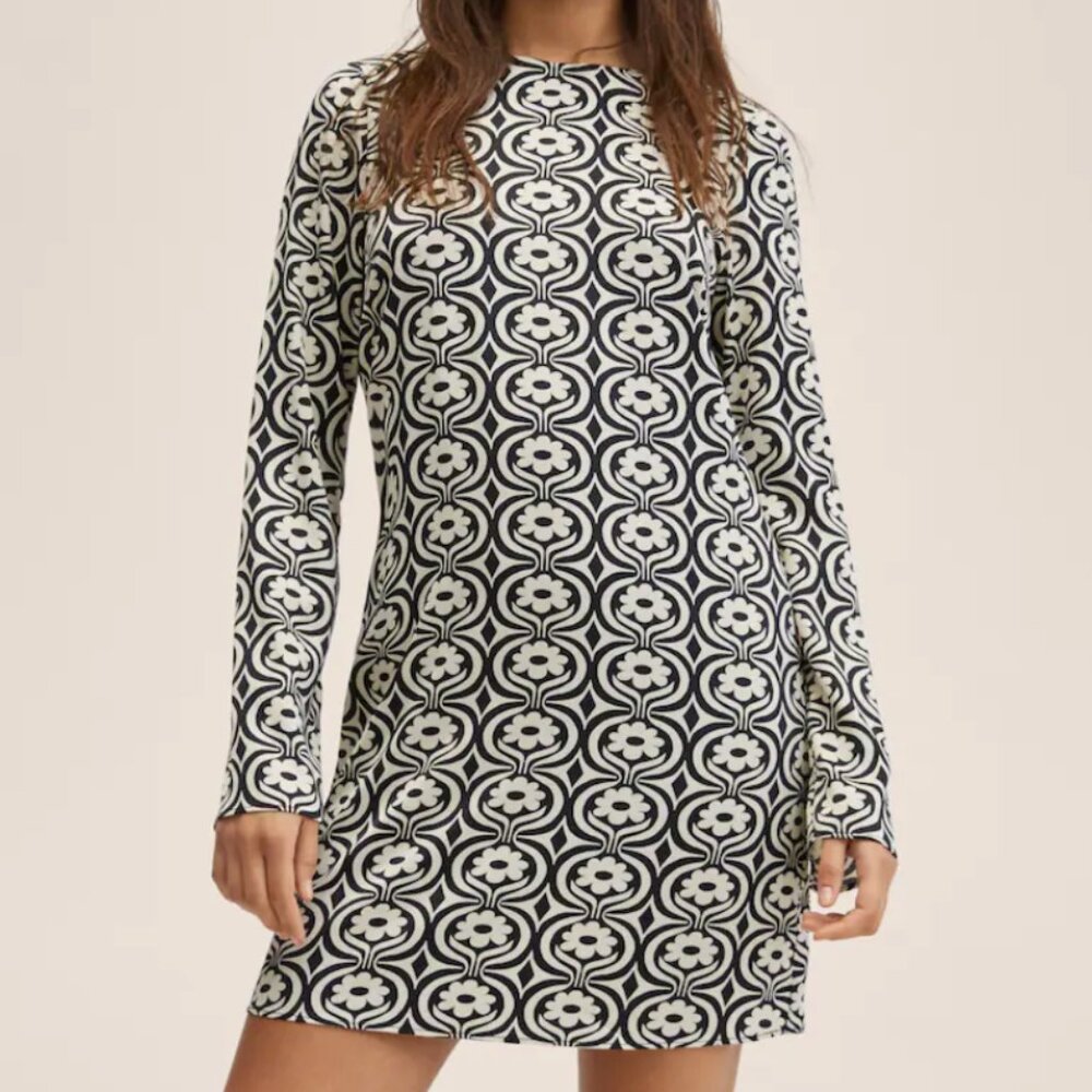 NWT Mango Long Sleeve Mini Black & White Printed Retro Dress